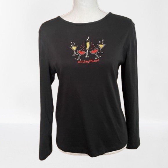 Christmas long sleeve T-shirt embroidered “Holiday Cheer” champagne glasses Med. - Picture 1 of 3